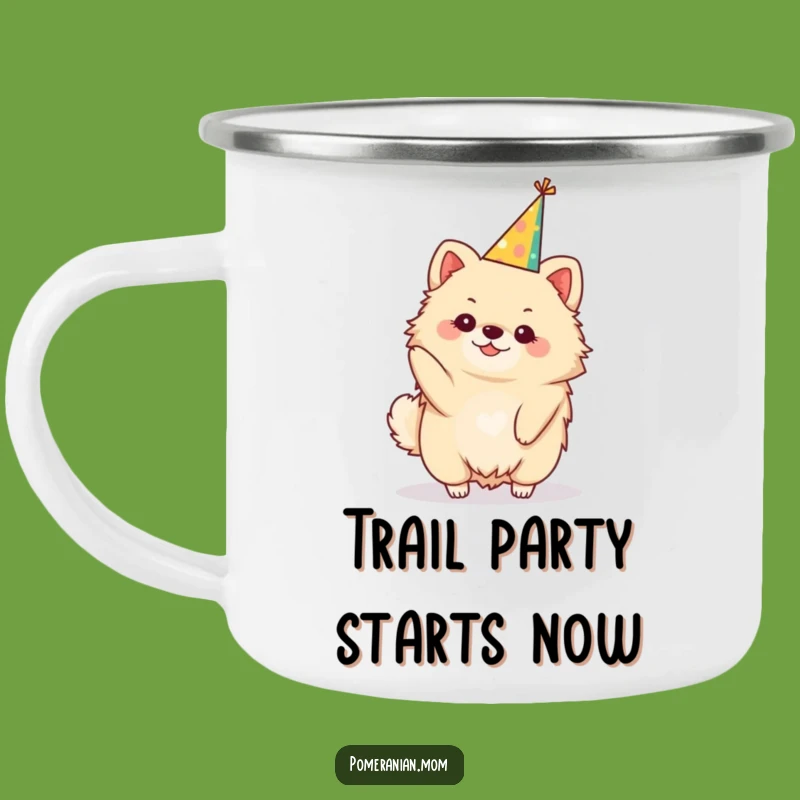 Funny Party Hat Kawaii Pomeranian Camping Mug: Adventure-Ready Festive Fun