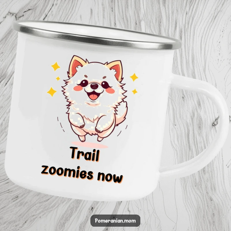 Funny kawaii Pomeranian doing energetic zoomies camping mug, perfect for outdoor adventures and dog lovers.