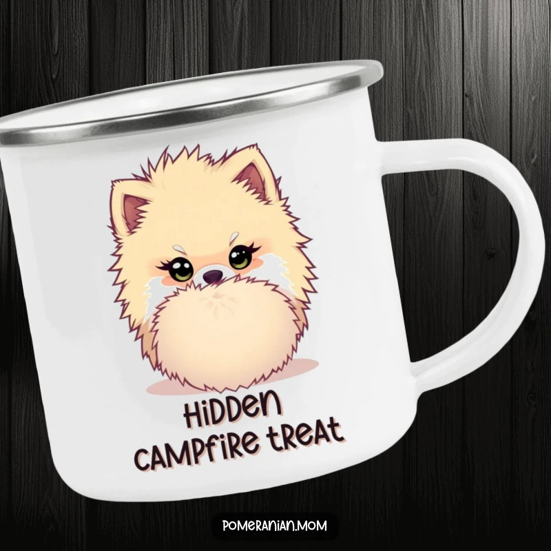 Funny Kawaii Pomeranian Camping Mug: Dog hiding behind a pom-pom with a mischievous twinkle, a humorous and durable cup for the outdoors.