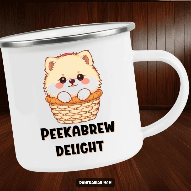 Funny Kawaii Pomeranian peeking from a small basket on a durable camping mug, perfect for outdoor fun.
