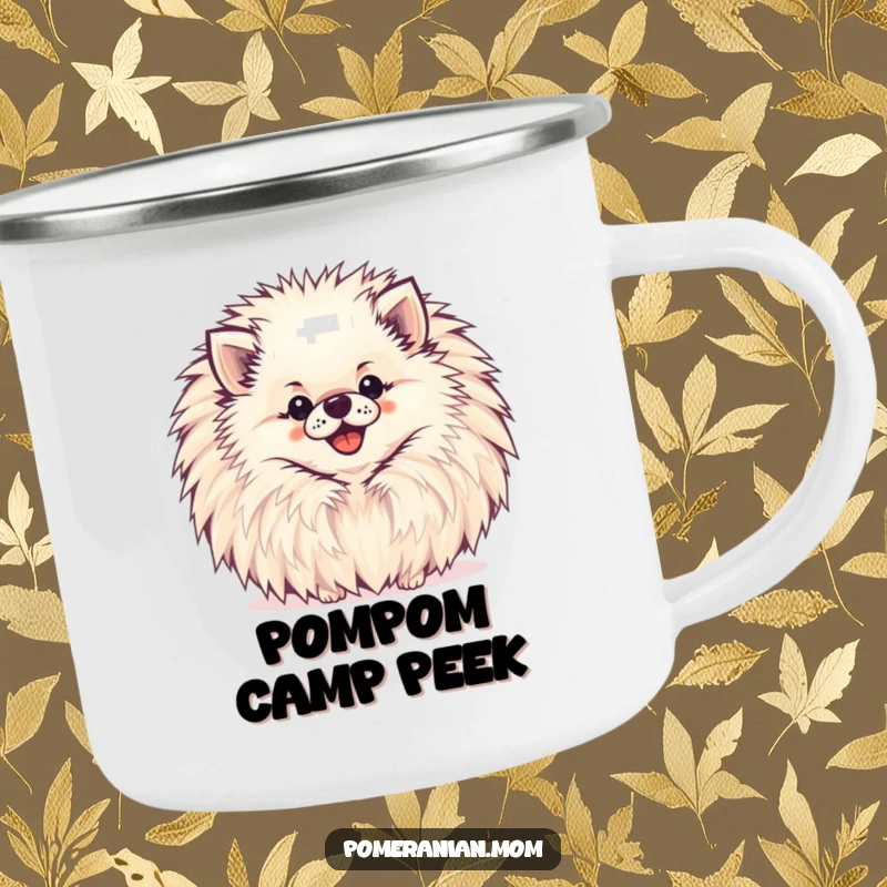 Funny Pomeranian Camping Mug featuring a happy Pomeranian peeking out from behind a large, cheerful pompom.