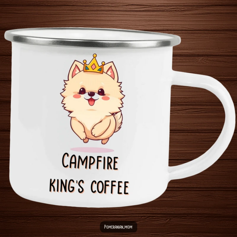 Funny Pomeranian camping mug showing a crowned dog skipping, perfect for outdoor enthusiasts who appreciate a touch of regal humor.