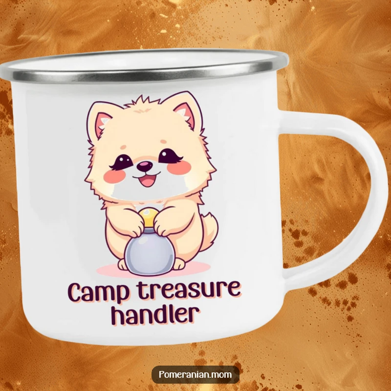 Funny Pomeranian camping mug showing a dog balancing a shiny object, perfect for outdoor enthusiasts who appreciate skillful humor.