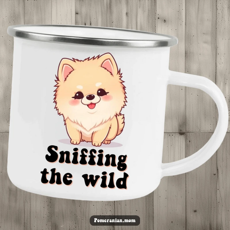 Funny Kawaii Pomeranian camping mug showing a small dog curiously sniffing, ideal for outdoor adventures.
