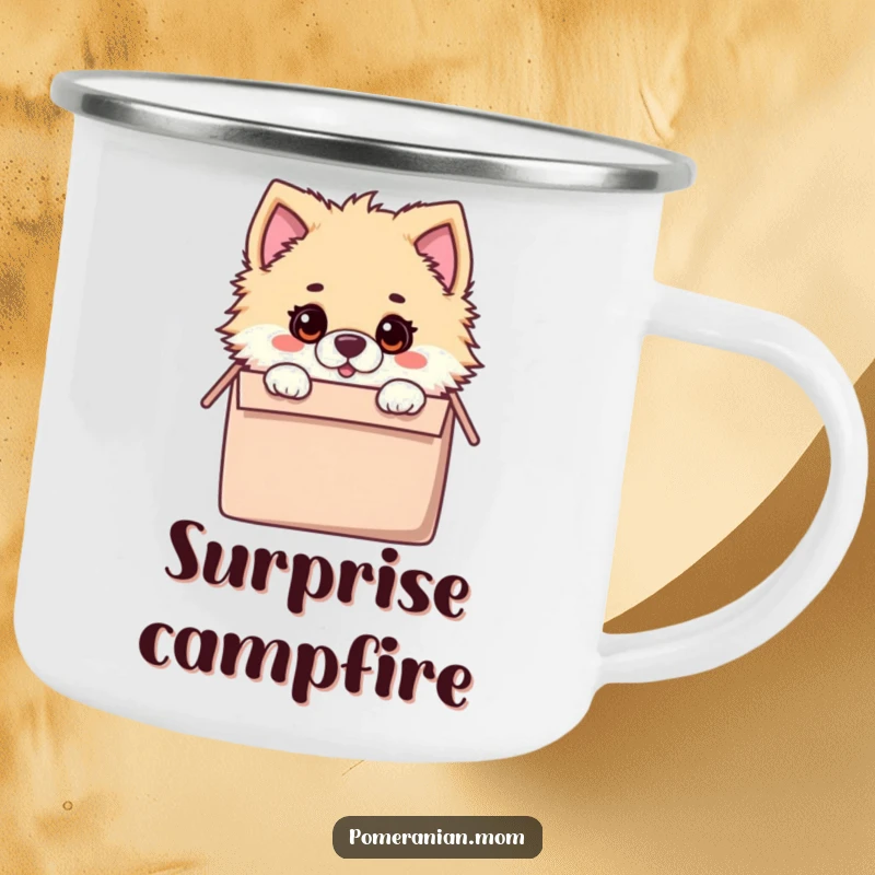 Funny camping mug featuring a kawaii Pomeranian with a surprised expression, peeking from inside a toy box, ready for adventure.