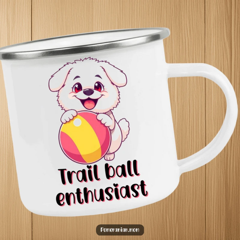 Funny camping mug showing a fluffy white dog with exaggerated happy eyes, joyfully bouncing a large, colorful ball, perfect for outdoors.