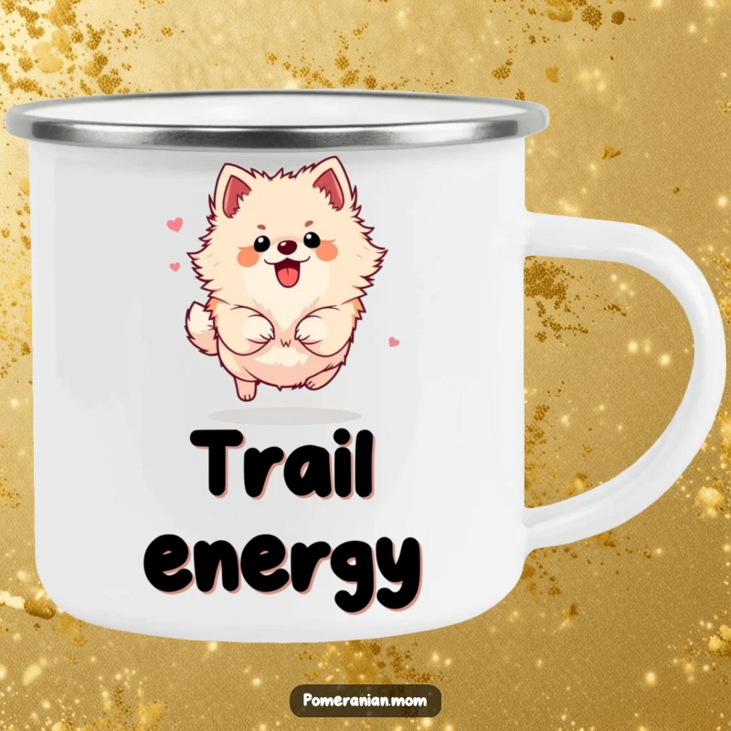 Funny Pomeranian camping mug showing a small dog energetically bounding with remarkable flair, perfect for adventurous moments.