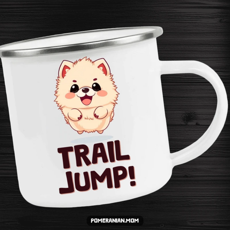 Funny kawaii Pomeranian camping mug, depicting a fluffy dog in a joyful mid-air leap. Perfect for outdoor enthusiasts.
