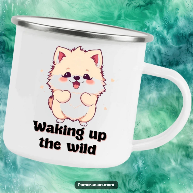 Funny Kawaii Pomeranian Camping Mug: A cute, fluffy dog shaking its body with excitement, perfect for adding funny cheer outdoors.