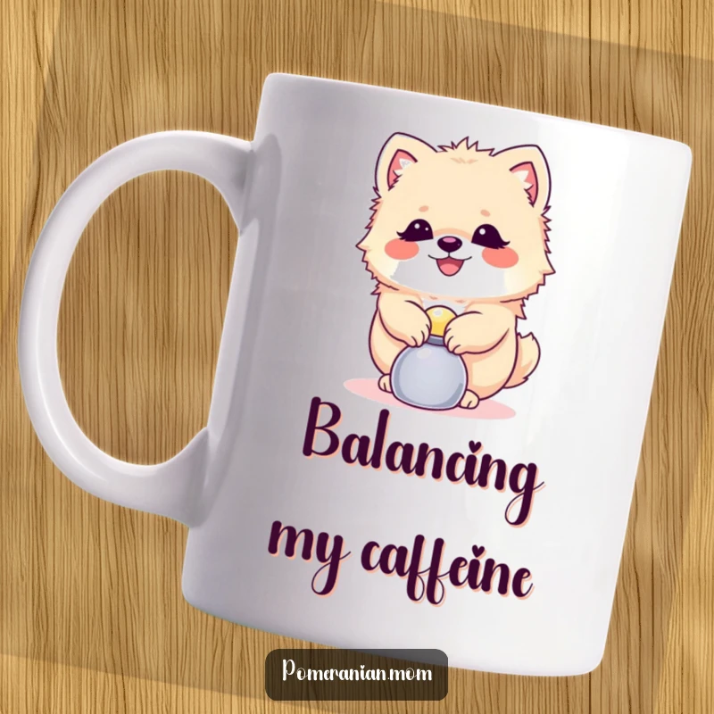 Funny Pomeranian mug showing a happy dog skillfully balancing a small, shiny object on its nose, showcasing concentration and charm.