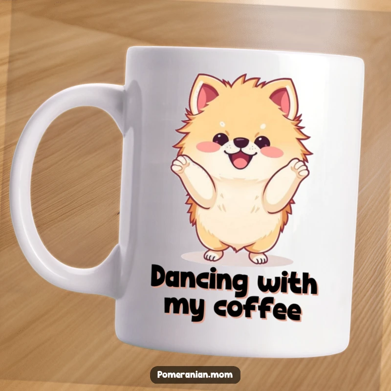 Funny kawaii Pomeranian doing a delighted dance with its paws mug, showcasing pure joy and happy doggy moves, a perfect gift.