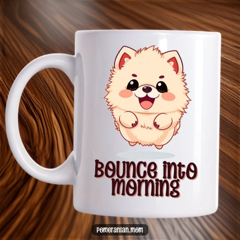Funny kawaii Pomeranian mug, a fluffy puffball energetically jumping with pure joy and excitement. Captures playful spirit.