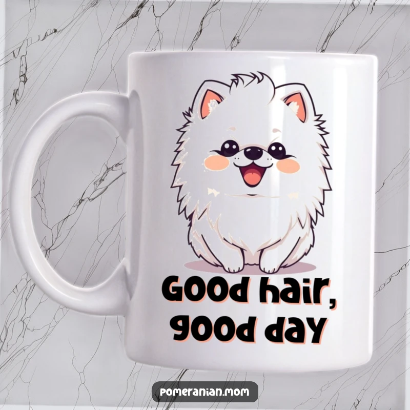 Funny kawaii Pomeranian with a delighted expression shaking its majestic mane on this mug, radiating pure happiness and confidence.