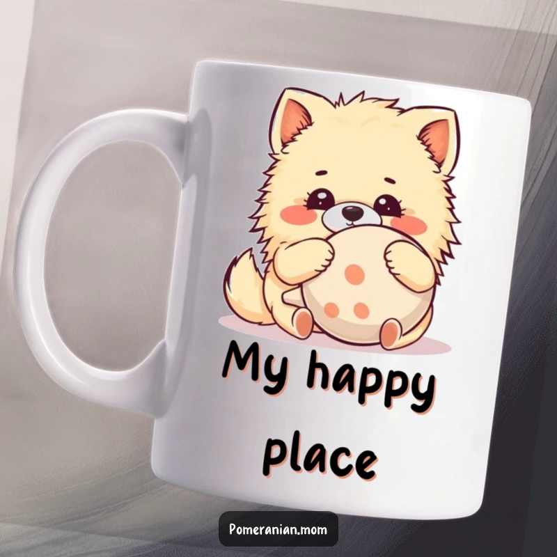 Funny Kawaii Pomeranian Mug: An adorable dog hugs a comically large squeaky toy with pure delight, a heartwarming and humorous gift.