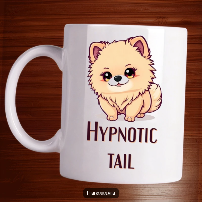 Funny Kawaii Pomeranian Mug: A cute dog with sparkling eyes intently watches its own wagging tail, a humorous pet moment.