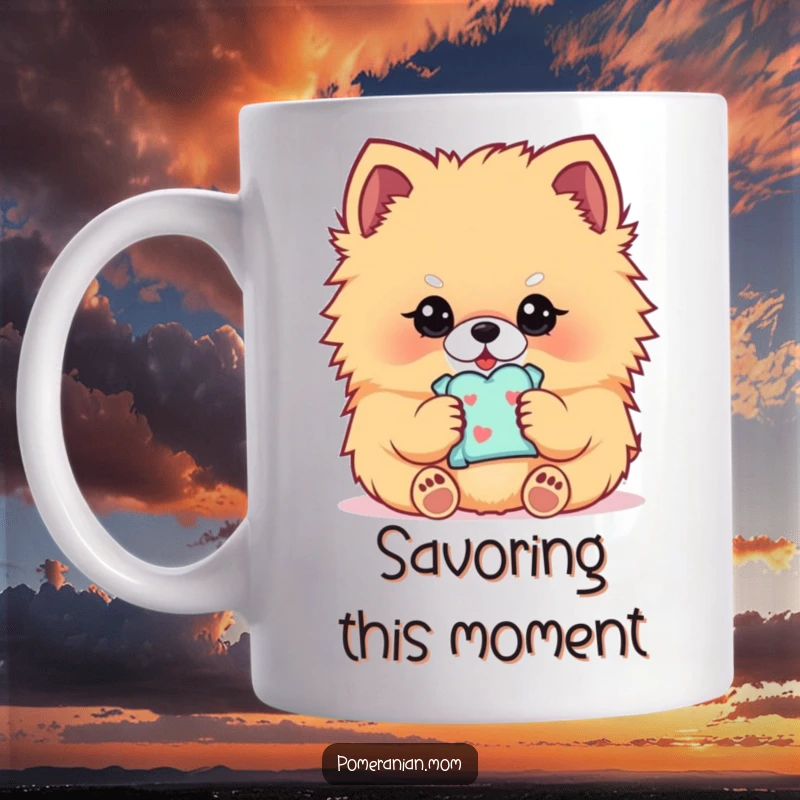 Funny Kawaii Pomeranian mug, a fluffy dog carefully holding a small treat in its paws, adorable and cute.