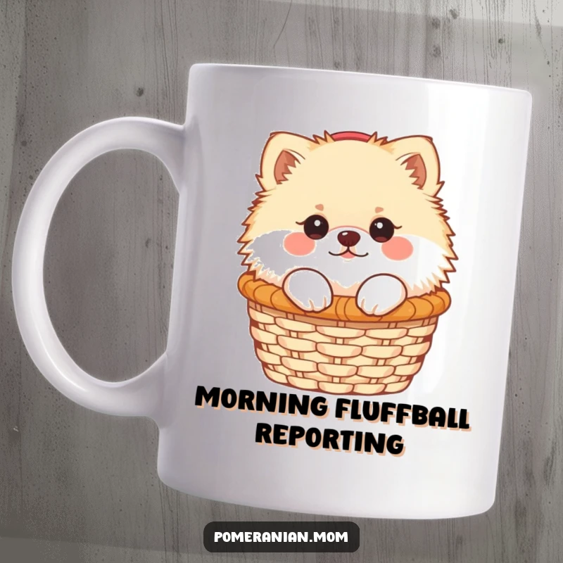 Funny Kawaii Pomeranian peeking adorably from a small woven basket, showcasing a playful and innocent expression, a cute gift.