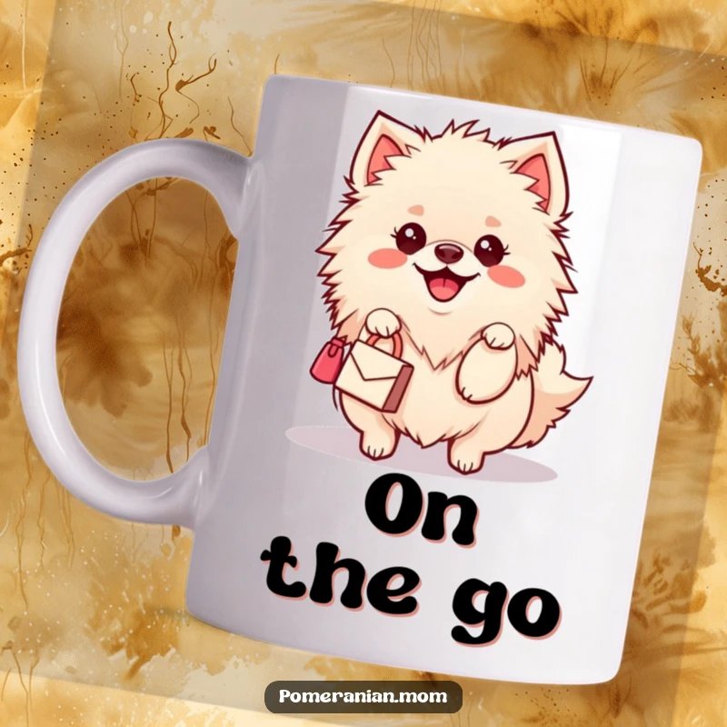 Funny Kawaii Pomeranian Mug: A cute dog with a happy wiggle carries a miniature handbag, showcasing playful style and charm.