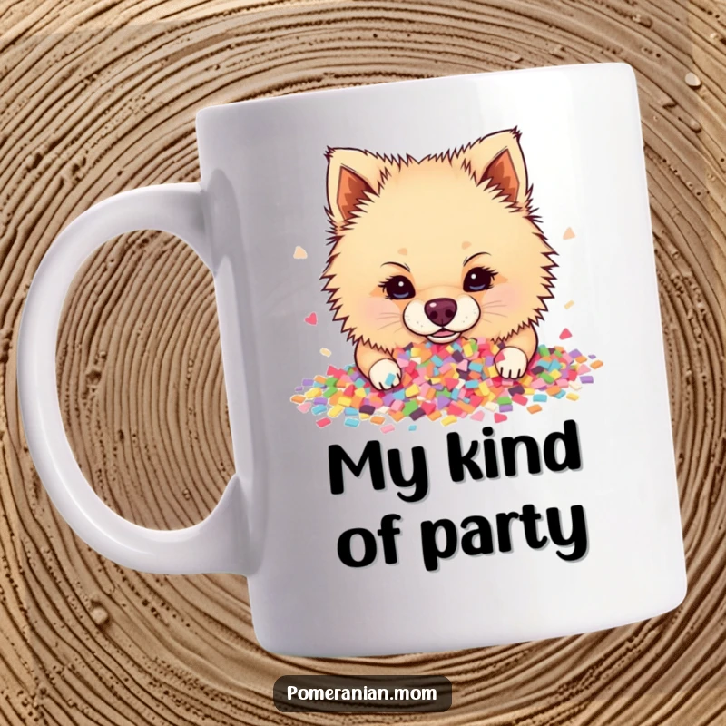 Funny Pomeranian mug diving nose-first into a colorful explosion of confetti, embodying pure, unadulterated party joy and playful mischief.