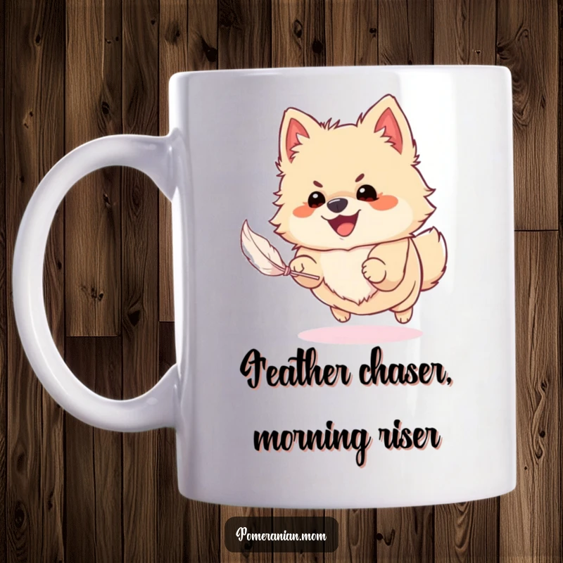 Funny Pomeranian mug showing a happy dog enthusiastically chasing a small feather, capturing pure canine excitement and playful energy.