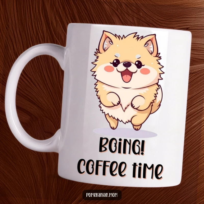Funny Pomeranian Mug featuring a kawaii Pomeranian character performing a delightful, bouncy hop.