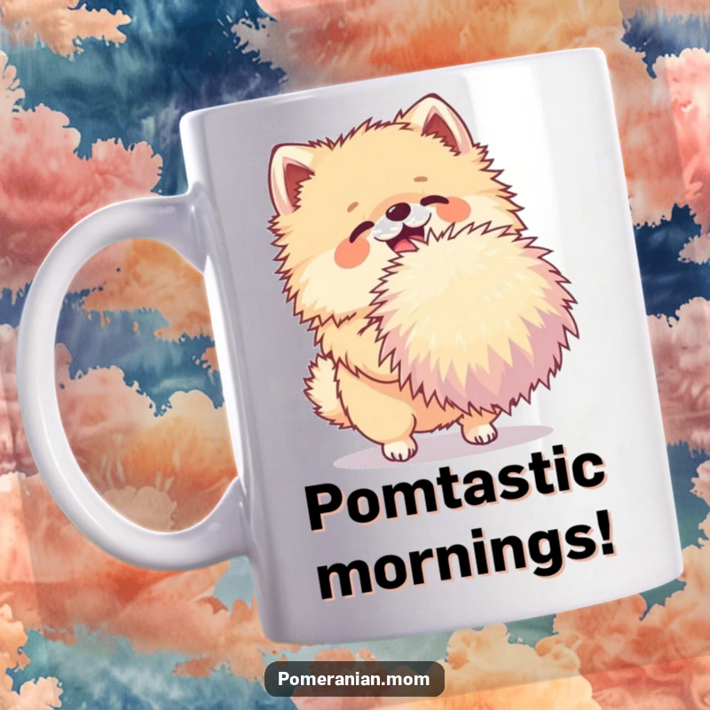 Funny Pomeranian mug showing a joyful small dog enthusiastically shaking a very large, colorful pom-pom, radiating pure fun.