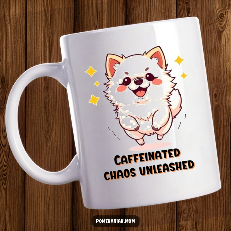 Funny kawaii Pomeranian doing happy zoomies mug, showcasing energetic canine joy and playful spirit, a great gift.