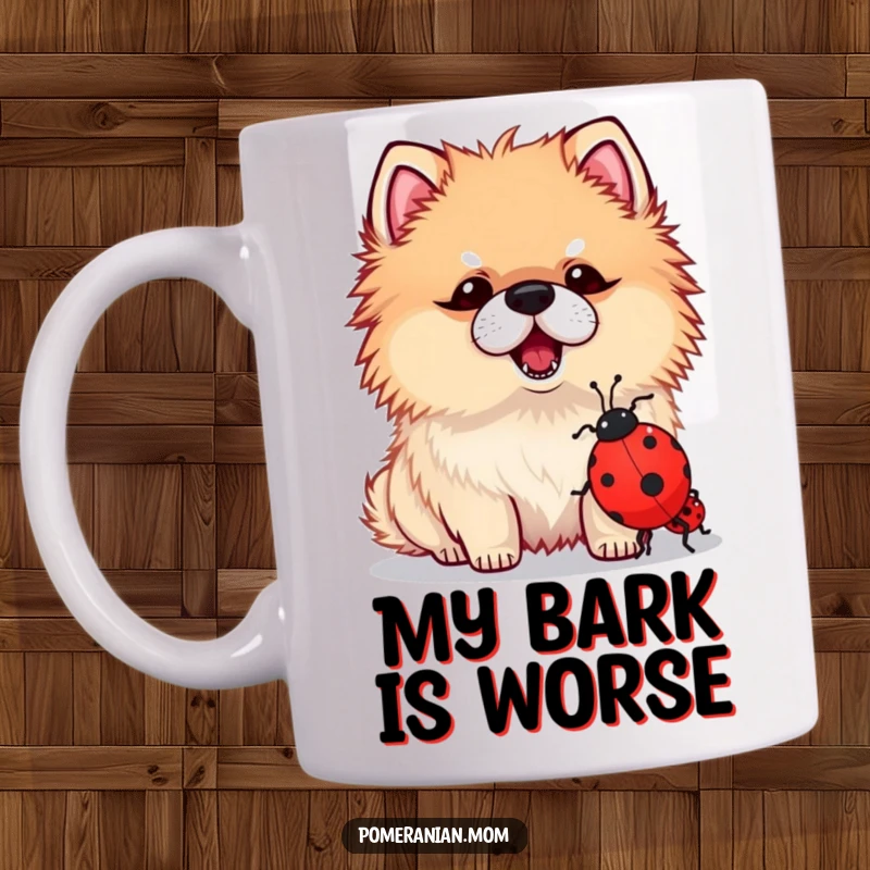 Funny Kawaii Pomeranian bravely barking at a tiny ladybug on this mug, showcasing fierce yet comical pet humor.