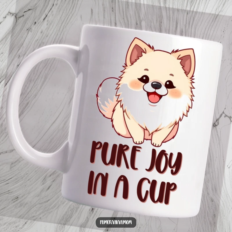 Funny Pomeranian mug showcasing an ecstatic dog with a huge smile and a wagging tail, radiating pure joy for a gift.