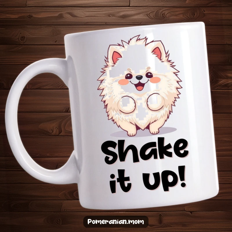 Funny, cheerful Pomeranian mug joyfully shaking its voluminous, fluffy fur.