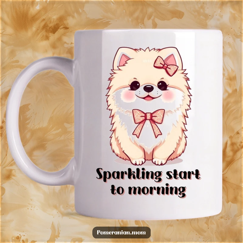 Funny Kawaii Pomeranian Mug: A fluffy dog adorably wearing a tiny, sparkling ribbon, looking cute and festive.