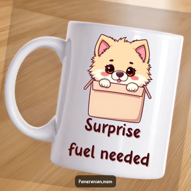 Funny mug showing a kawaii Pomeranian with a surprised expression, peeking out from inside a colorful toy box, full of wonder.