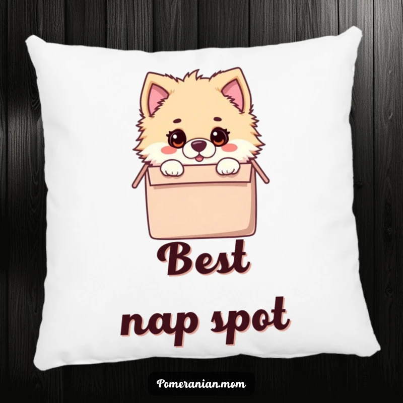 Funny pillow with a soft texture, showcasing a kawaii Pomeranian with a surprised expression, peeking from inside a toy box.