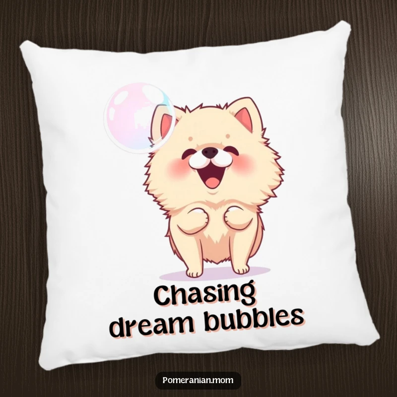 Funny Pomeranian pillow showing a small energetic dog barking at a bubble, offering plush comfort and playful humor.