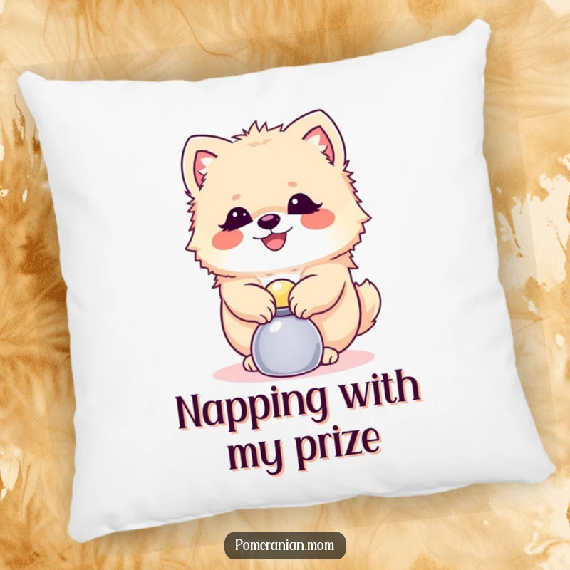 Funny Pomeranian pillow showing a happy dog balancing a shiny object, offering plush comfort and clever humor.