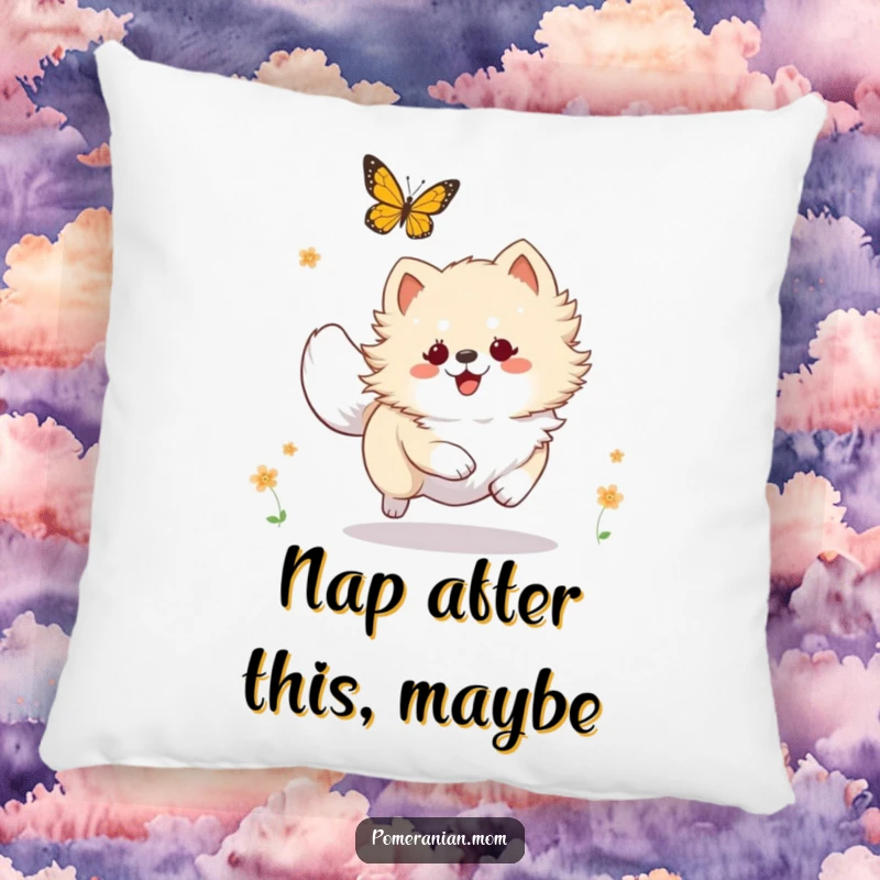 Funny Kawaii Pomeranian pillow, a fluffy dog joyfully chasing a butterfly, perfect for adding humor to home decor.