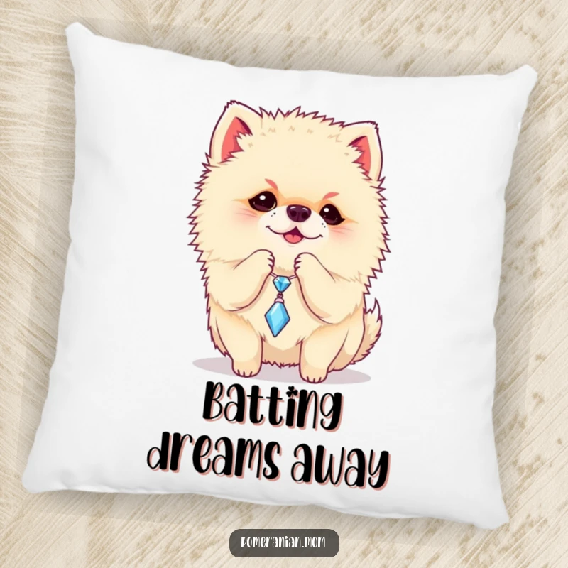 Funny Pomeranian pillow featuring a playful dog batting at a sparkly charm, a soft, humorous, and adorable decorative item.