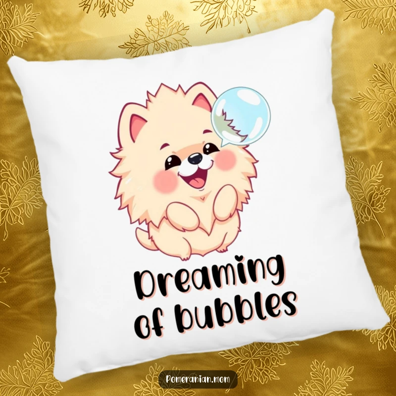Funny pillow with a soft texture, featuring a kawaii Pomeranian joyfully barking at a floating bubble, perfect for lounging.