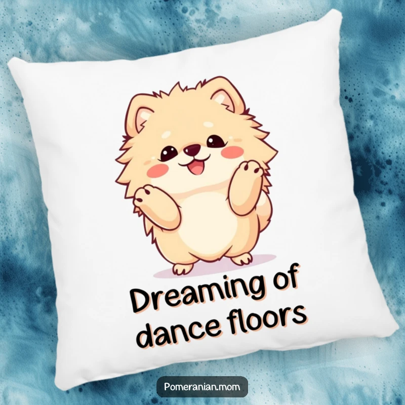 Funny Kawaii Pomeranian pillow, a cute dog doing an ecstatic happy dance, guaranteed to bring smiles and comfort.