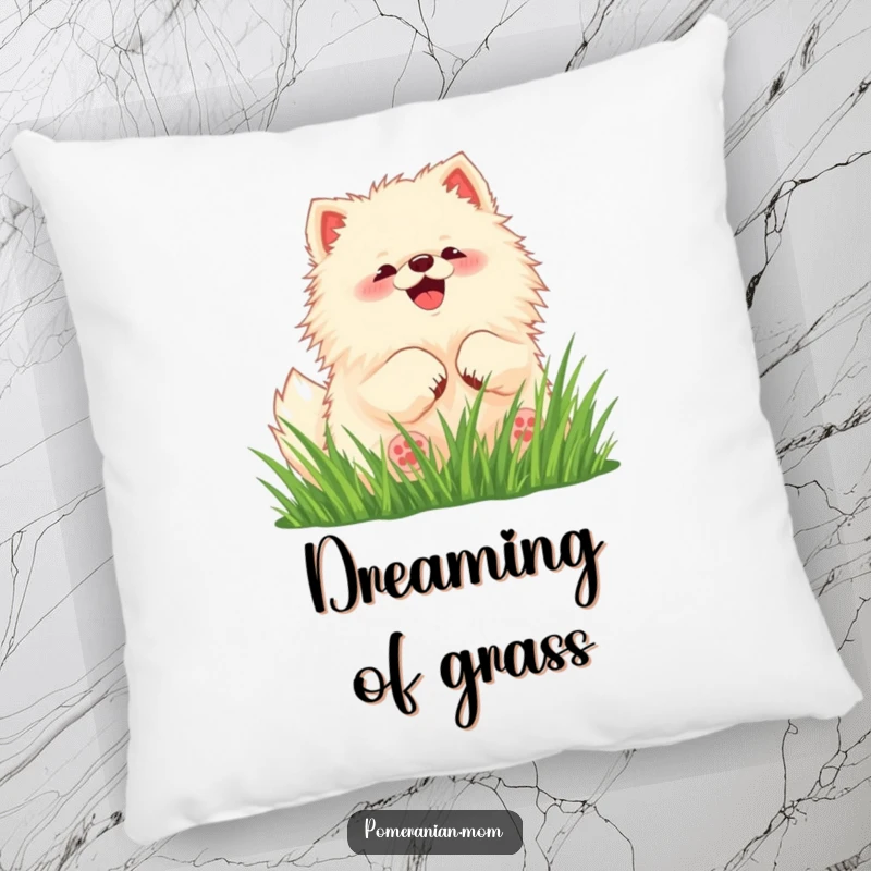 Funny Pomeranian pillow showcasing a kawaii dog delightedly rolling in green grass, perfect for decor.