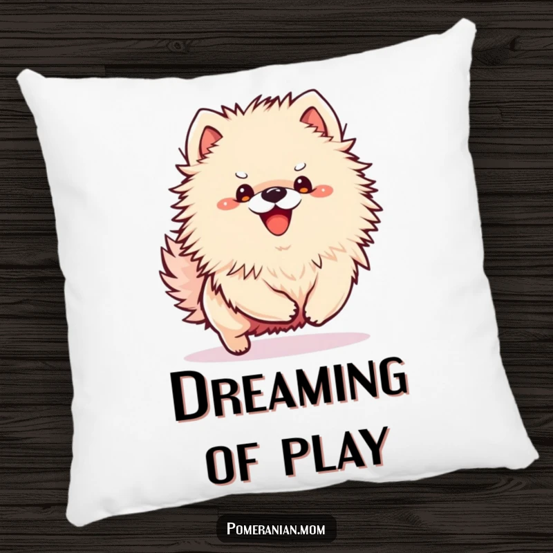 Funny Kawaii Pomeranian pillow showing a small dog in an excited bounce, radiating playful energy and comfort.