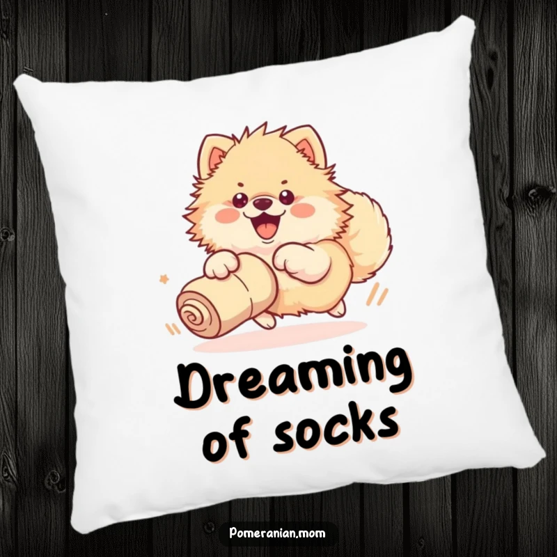 Funny pillow with a soft texture, showcasing a kawaii Pomeranian enthusiastically chasing a rolled-up sock with its whole body.