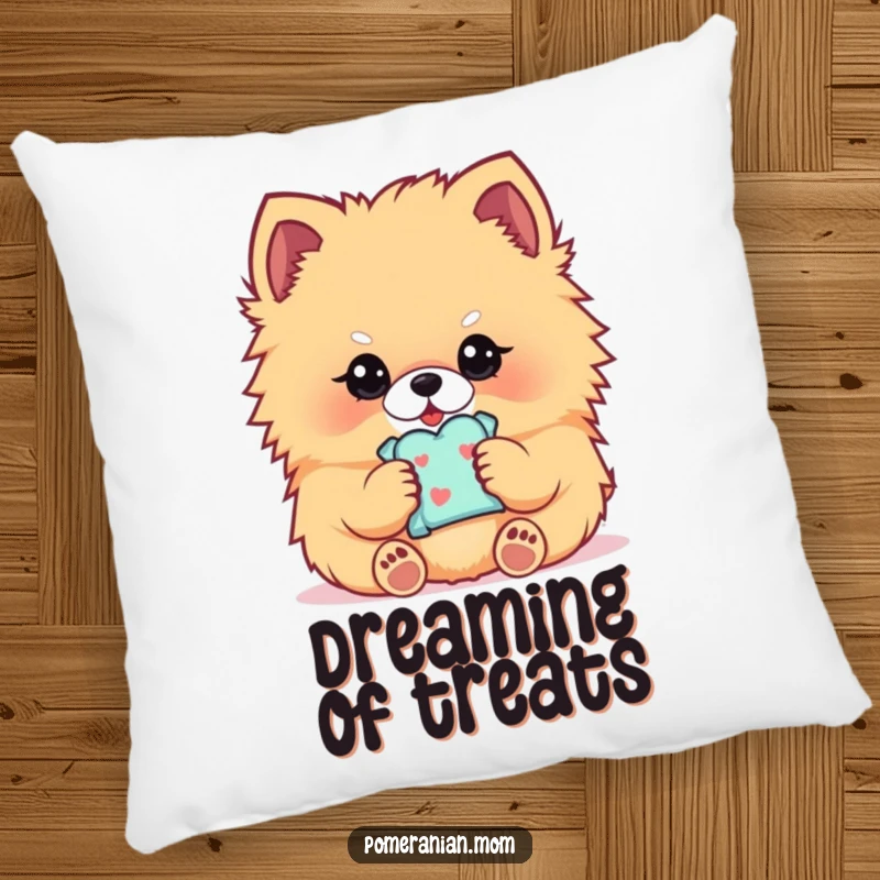 Funny Kawaii Pomeranian pillow, showing a fluffy dog gently holding a treat, soft and sweet.