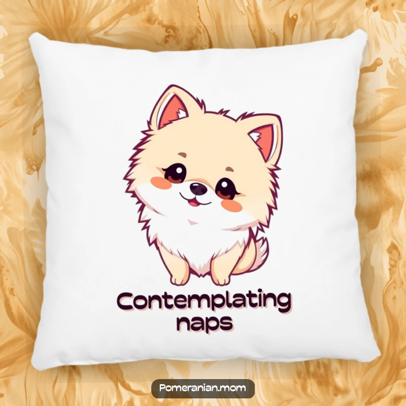 Funny kawaii Pomeranian pillow, showing a fluffy dog tilting its head with adorable curiosity. Adds comfort and sweet humor.