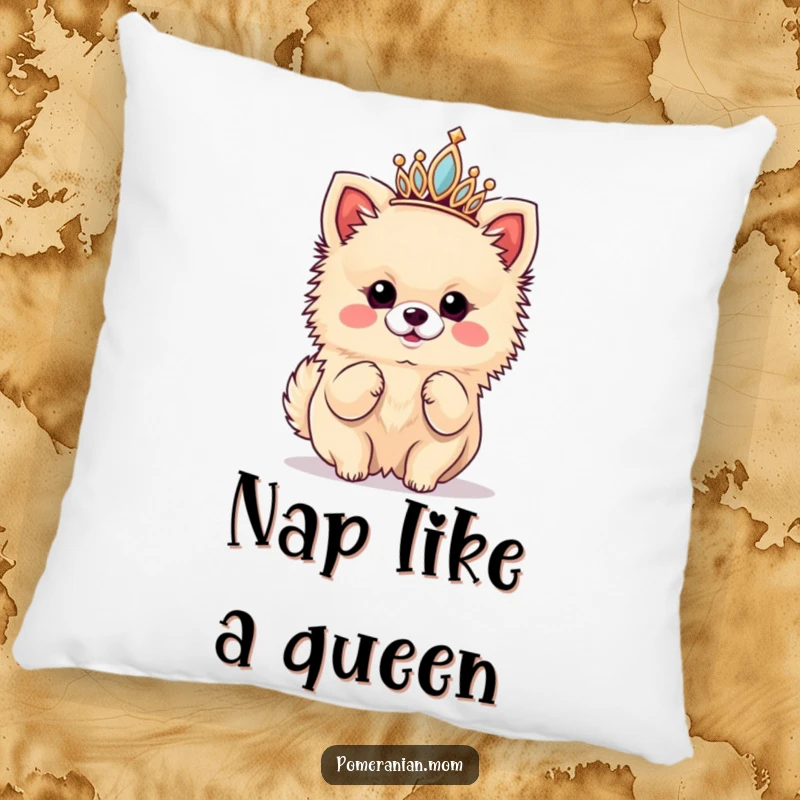 Funny pillow with a soft texture, featuring a kawaii Pomeranian wearing a tiny tiara and striking a diva pose, perfect for lounging.