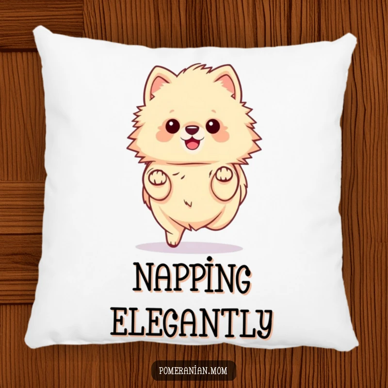 Funny kawaii Pomeranian pillow, showing a fluffy dog gracefully prancing with delicate tiny paws. Adds comfort and chic humor.