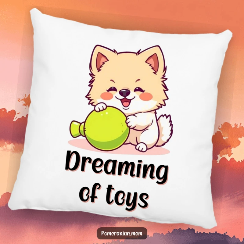 Funny kawaii Pomeranian pillow, showing a fluffy dog yipping enthusiastically at a toy. Adds comfort and playful humor.