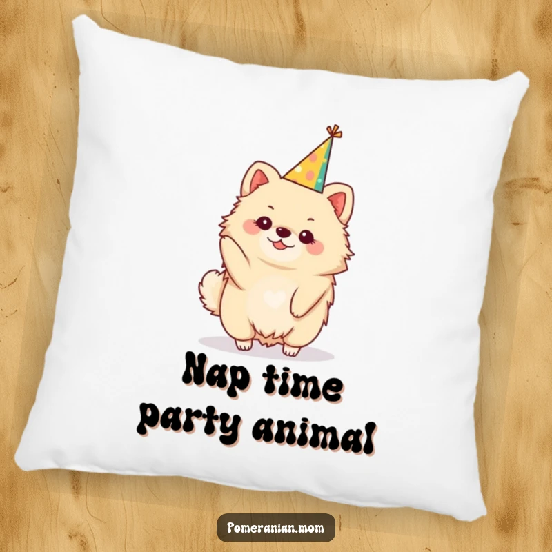Funny kawaii Pomeranian pillow, a soft cushion featuring a cute dog balancing a festive party hat. Cozy and celebratory.