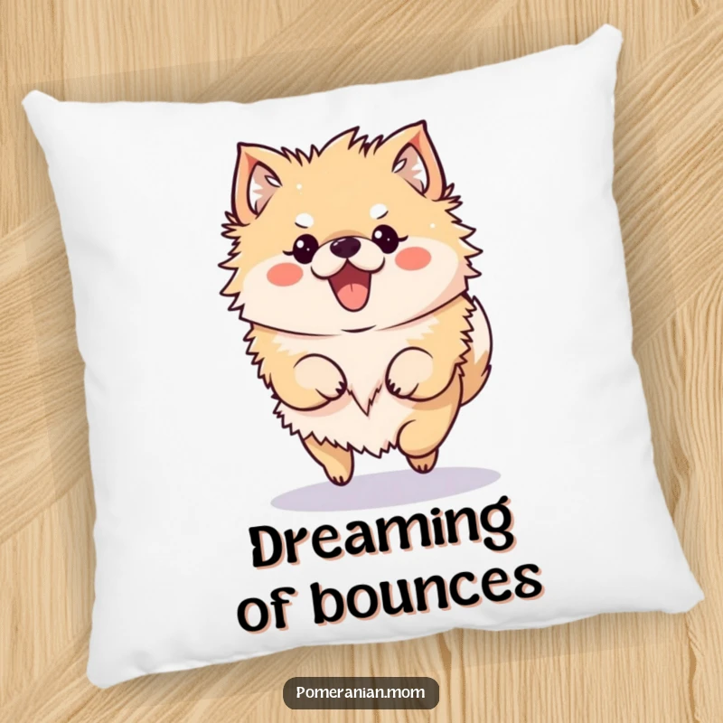 Funny Pomeranian Pillow featuring a kawaii Pomeranian character doing a cute, bouncy hop, perfect for hugs.