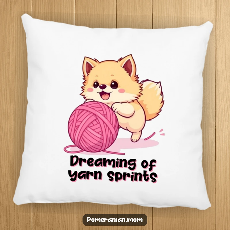 Funny Pomeranian pillow, a fluffy dog mid-chase with a giant yarn ball, offering comfort and comedy for any room.